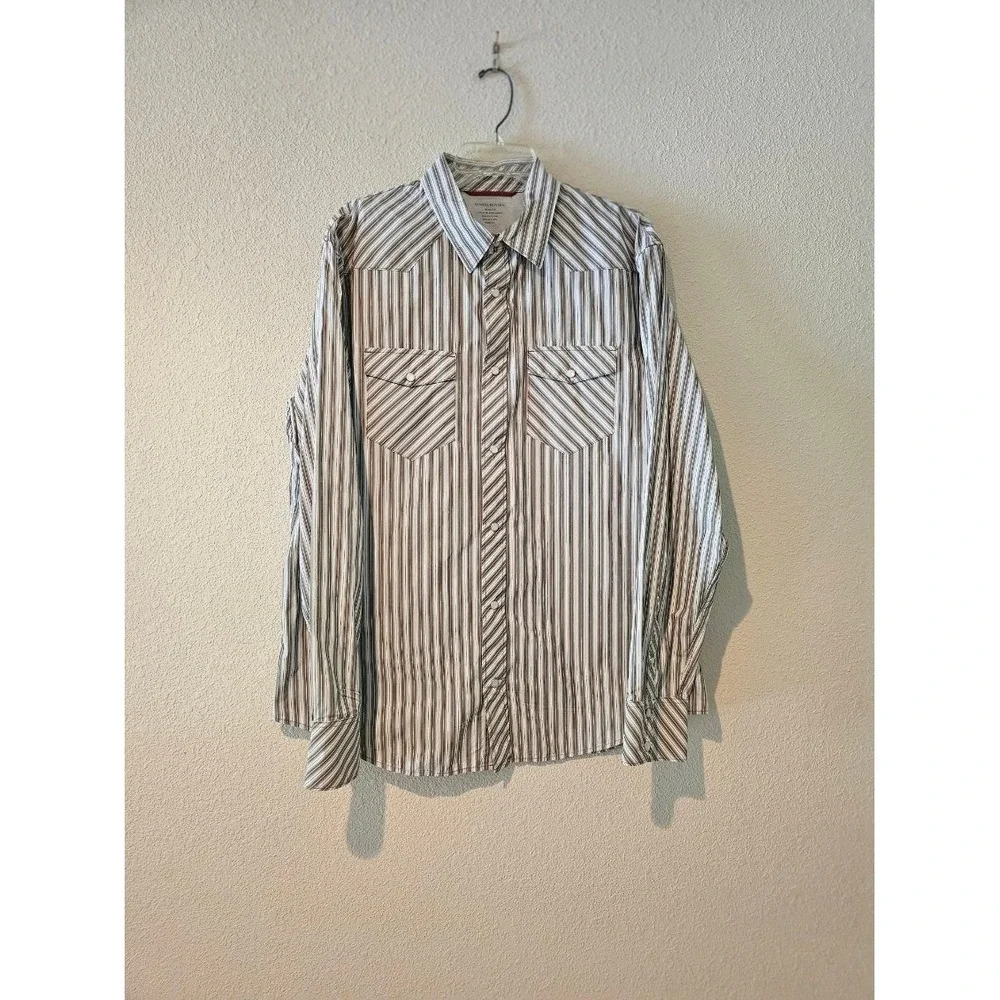 Banana Republic Pearl Button Up Mens XL Brown Striped Slim Fit Western